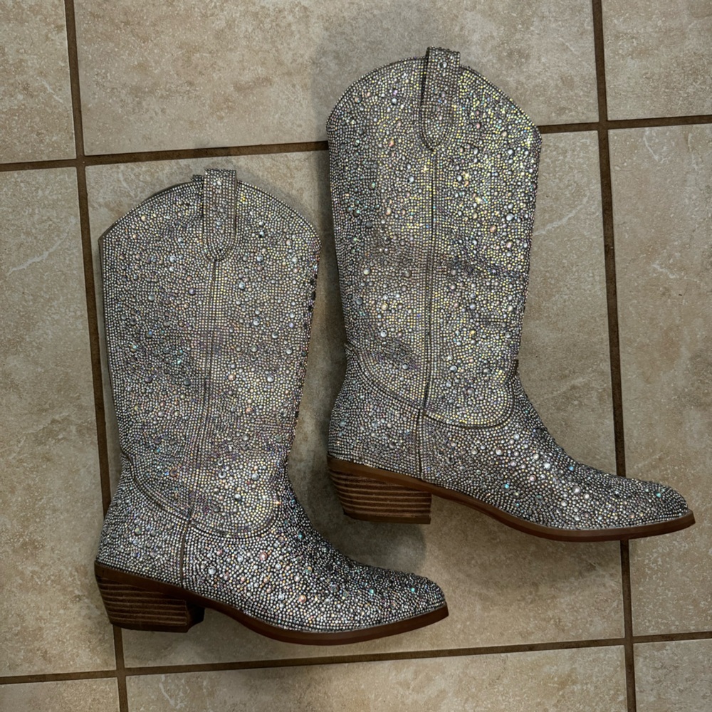 Madden Girl Silver Rhinestone Cowgirl Heeled Boots